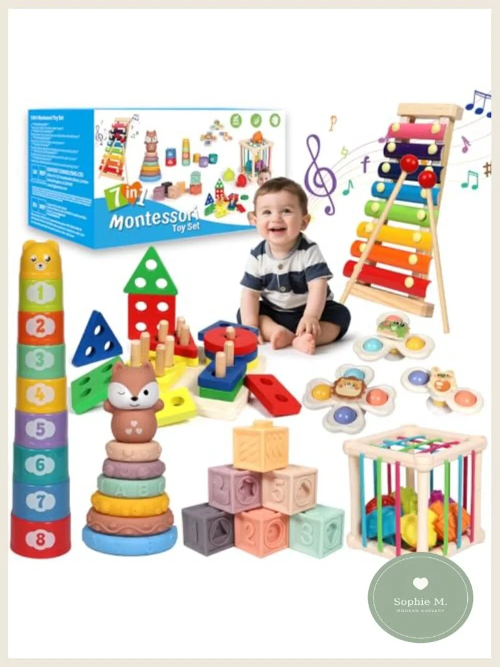 Montessori 7-in-1 Activity Set for Toddlers | Wooden Sorter, Stacking Blocks &